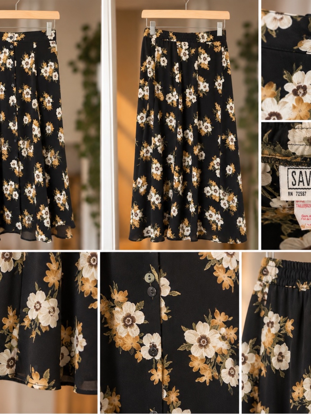 Savvy Black Midi Skirt with Cream and Tan Floral Print